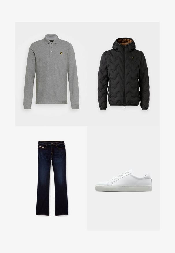 Sort pufferjakke med hætte, der har et quiltet chevronmønster, lynlås foran og elastiske manchetter. Brun indvendig foring og logo-detail.; Grå langærmet polo skjorte lavet af blødt materiale, med en tre-knaps placket og et gult logo på venstre bryst.; Mørkeblå denim jeans med lige ben, med orange syninger, lynlås og forlommer. Glat tekstur og standard talje.; Hvide sneakers med en glat læderoverdel og lav profil. Har en rund tå, seks snørehuller og en tekstureret gummisål.