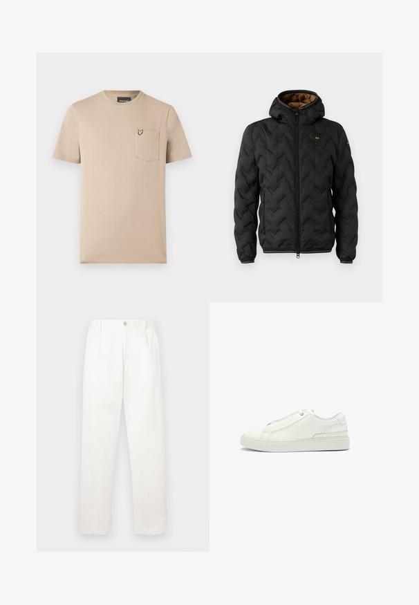 Zwarte pufferjack met een capuchon, voorzien van een gewatteerd chevronpatroon, ritssluiting aan de voorkant en elastische manchetten. Bruine binnenvoering en logo-detail.; Beige T-shirt met korte mouwen van katoen, met een zakje aan de linkerkant met een geel vlinderlogo. Eenvoudig ontwerp met een ronde hals.; Witte broeken gemaakt van een gladde stof, met een recht model, voorplooien en een enkele knoopsluiting bij de taille.; Witte leren sneaker met een gestructureerde bovenkant, een ronde neus, minimalistisch ontwerp en een rubberen zool met gestikte details.