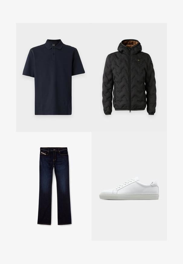 Černá péřová bunda s kapucí, s prošívaným chevronovým vzorem, zapínáním na zip a elastickými manžetami. Hnědá podšívka a detail loga.; Námorně modré polo tričko s krátkým rukávem vyrobené z texturované bavlny, s dvouknoflíkovou légou, standardním límcem a jemným šitím na ramenech.; Tmavě modré džíny z denimu se střihem rovného nohavice, s oranžovým prošíváním, zipem na přední straně a předními kapsami. Hladká textury a standardní pas.; Bílé tenisky s hladkým koženým svrškem a nízkým profilem. Mají zaoblenou špičku, šest nýtů a texturovanou gumovou podrážku.
