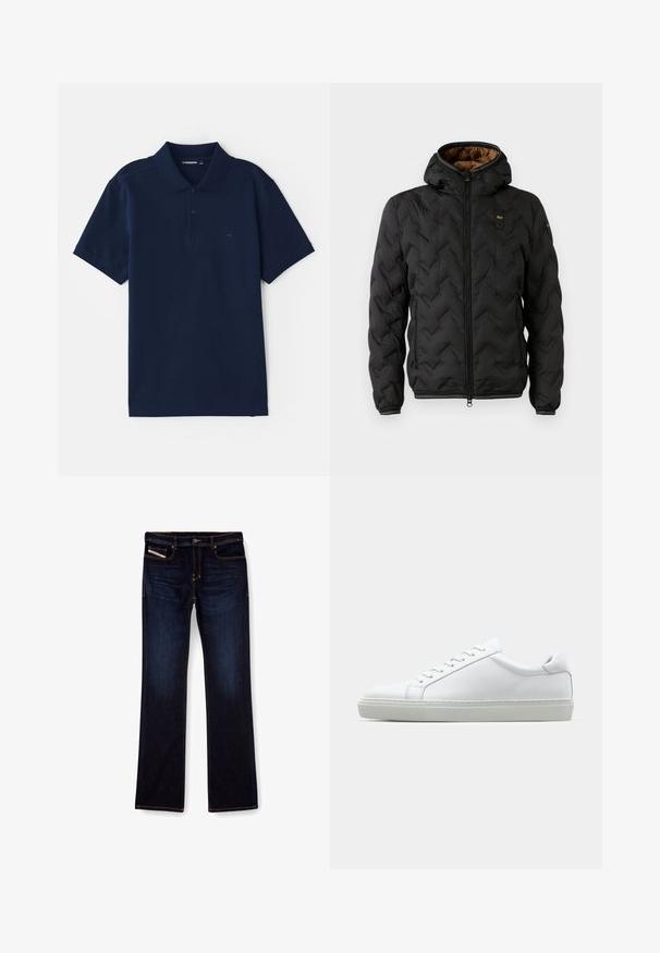 Črna puffer jakna s kapuco, z likano chevron vzorcem, zadrgo spredaj in elastičnimi manšetami. Rjava notranja podloga in podrobnost logotipa.; Temno modra polo majica iz mešane bombažne tkanine, s klasičnim ovratnikom, zapenjanjem na tri gumbe in kratkimi rokavi. Diskretna logotip na prsih.; Temno modri jeans z ravnim krojem nogavic, s pomarančnim šivom, z zadrgo in sprednjimi žepi. Gladka tekstura in standardni pas.; Bela športna obutev z gladkim usnjenim zgornjim delom in nizkim profilom. Ima zaokrožen nos, šest lukenj za vezalke in teksturiran gumijast podplat.