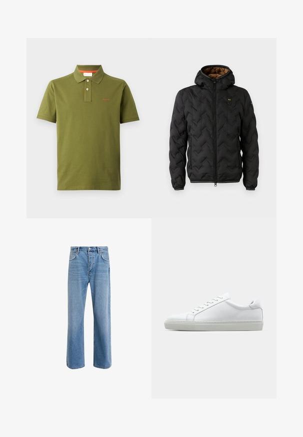 Čierna zateplená bunda s kapucňou, s prešívaným vzorom v tvare šípu, so zipsom vpredu a elastickými manžetami. Hnedá podšívka a detail loga.; Olivovo zelená polo košela vyrobená z bavlny, s trojitou gombíkovou náplňou, krátkymi rukávmi a vyšívaným červeným logom na hrudi.; Svetlo modré denimové džínsy so strihom rovného nohu, päť vreciek, zapínanie na gombík, minimálne vyblednutie a kontrastné švy.; Biele tenisky s hladkým koženým zvrškom a nízkym profilom. Majú zaoblenú špičku, šesť očiek a štruktúrovanú gumovú podrážku.
