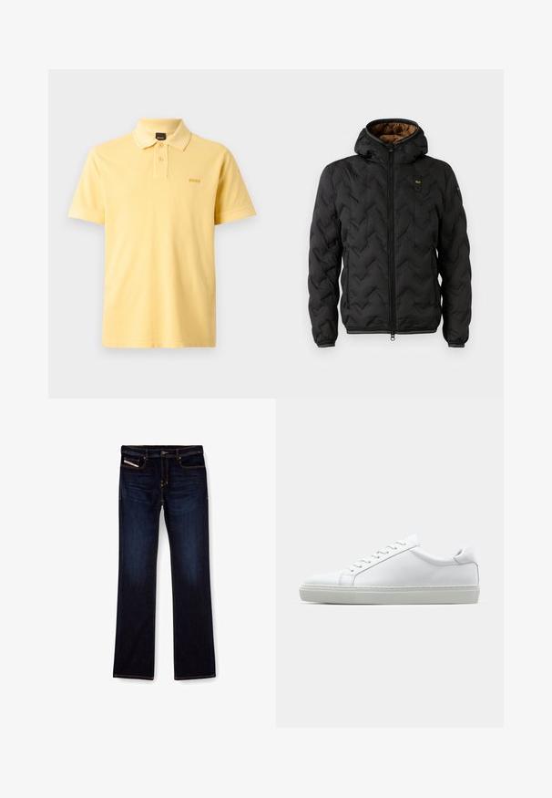 Melna pūkaina jaka ar kapuci, ar izšūtu chevron rakstu, rāvējslēdzēja priekšpusi un elastīgām piedurknēm. Brūns iekšējais oderējums un logo detaļa.; Dzeltena polo krekls, kas izgatavots no kokvilnas, ar klasisku apkakli, divām pogām un mazu izšūtu logotipu uz krūškurvja. Īsas piedurknes.; Tumši zili džinsi ar taisnu kāju griezumu, ar oranžiem diegiem, ar rāvējslēdzēja aizdari un priekšējām kabatām. Gluda auduma tekstūra un standarta jostasvieta.; Baltie sporta apavi ar gludu ādas virsu un zemu profilu. Iezīmējas ar noapaļotu purngalu, sešām acīm un teksturētu gumijas zoli.