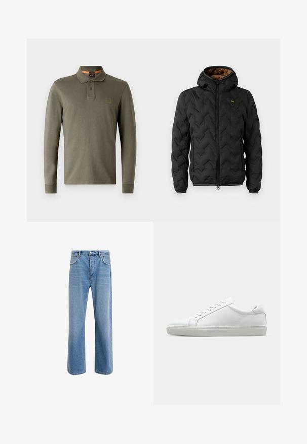 Sort pufferjakke med hætte, der har et quiltet chevronmønster, lynlås foran og elastiske manchetter. Brun indvendig foring og logo-detail.; Langærmet olivengrøn polo-shirt lavet af blødt bomuld, med klassisk krave, to-knaps placket og et præget logo-patch.; Lyseblå denim jeans med lige ben-design, fem lommer, knaplukning, minimal falming og kontraststingdetaljer.; Hvide sneakers med en glat læderoverdel og lav profil. Har en rund tå, seks snørehuller og en tekstureret gummisål.