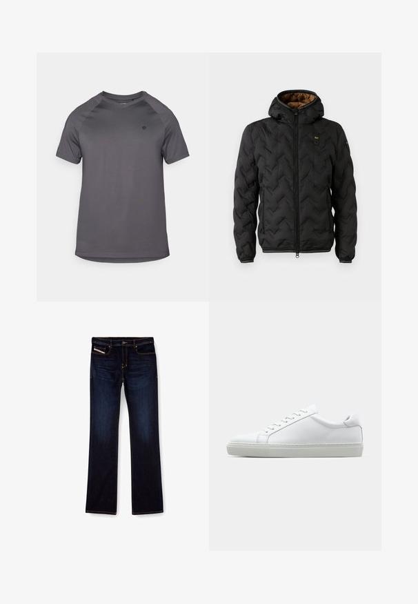 Zwarte pufferjack met een capuchon, voorzien van een gewatteerd chevronpatroon, ritssluiting aan de voorkant en elastische manchetten. Bruine binnenvoering en logo-detail.; Grijze sport T-shirt met een ronde halslijn, korte raglanmouwen en een gladde textuur met een logo aan de linkerkant.; Donkerblauwe denim jeans met een rechte pijp, voorzien van oranje stiksels, een ritssluiting en voorzakken. Glad oppervlak en een standaard tailleband.; Witte sneaker met een gladlederen bovenwerk en een laag profiel. Voorzien van een ronde neus, zes vetergaatjes en een gestructureerde rubberen zool.