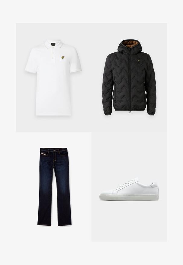 Czarna kurtka puchowa z kapturem, z pikowanym wzorem w zygzak, z zamkiem z przodu i elastycznymi mankietami. Brązowa podszewka i detal z logo.; Biała koszulka polo wykonana z bawełny z teksturowanym wykończeniem. Posiada haftowane żółte logo na piersi, zapięcie na dwa guziki oraz kontrastowe wykończenie kołnierzyka.; Granatowe dżinsy typu denim z prostą nogawką, ozdobione pomarańczowymi przeszyciami, z zamkiem błyskawicznym i przednimi kieszeniami. Gładka tekstura oraz standardowy pas.; Białe sneakersy z gładką skórzaną cholewką i niskim profilem. Posiadają okrągły nos, sześć dziurek na sznurówki oraz teksturowaną gumową podeszwę.