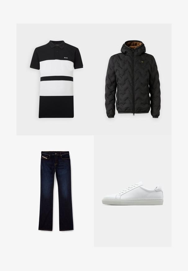 Mustapuffatakki hupparilla, jossa on tikattu vinoraitakuosi, vetoketjuluukku ja elastiset hihansuut. Ruskea sisävuori ja logotiedot.; Valkoinen ja musta raidallinen polo-paita, jossa on kaulus, sisältäen kaksi suurta vaakaraitaa ja pienen brodeeratun logon rinnassa.; Tummansinisiä farkkuja, joissa on suora lahje, oransseilla ompeleilla, vetoketjulla ja etutaskuilla. Sujuva pinta ja normaali vyötärö.; Valkoinen tennari, jossa on sileä nahkapäällinen ja matala profiili. Ominaisuuksiin kuuluu pyöreä kärki, kuusi rei'itystä ja teksturoitu kumipohja.