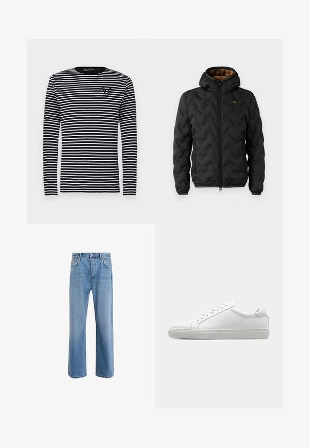 Mustapuffatakki hupparilla, jossa on tikattu vinoraitakuosi, vetoketjuluukku ja elastiset hihansuut. Ruskea sisävuori ja logotiedot.; Pitkähihainen paita, mustavalkoiset vaakaraidat, pyöreä kaula-aukko, kangas on sileä tekstuuri, rintamuksessa on pieni logo.; Vaaleansiniset farkut suoranlahkeisella muotoilulla, viisi taskua, nappisuljenta, vähäinen kuluminen ja kontrastiväriset ompeluyksityiskohdat.; Valkoinen tennari, jossa on sileä nahkapäällinen ja matala profiili. Ominaisuuksiin kuuluu pyöreä kärki, kuusi rei'itystä ja teksturoitu kumipohja.