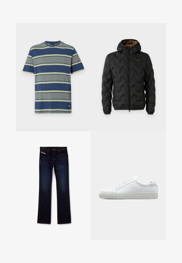 Mustard puffer-jakk, millel on kapuuts, four-jahutustükkidega chevron muster, tõmblukk ja elastsed mansetid. Pruna sisepind ja logo detail.; Tumed sinise värvi lühikeste varrukatega T-särk, millel on rohelised triibud. Materjal näib olevat pehme. Omab ümmargust kaelust ja väikest brändi silti allääres.; Tumed sinine denimist teksapüksid sirge lõikega, millel on oranž õmblus, lukuga ees ja eesmine tasku. Sile tekstuur ja tavaline vöökoht.; Valge tennisetoss, millel on sile nahk pealis ja madal profiil. Omab ümarat ninaosa, kuut silmust ja tekstuuriga kummist talda.