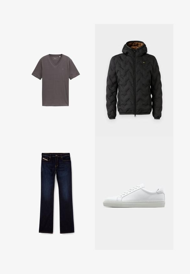 Juodas pūkinis švarkas su kapišonu, pasižymintis iškuldyta chevron raštu, užtrauktuku priekyje ir elastingomis rankovėmis. Ruda vidinė pamušalo spalva ir logotipo detalė.; Pilkas v-kaklo marškinėliai, pagaminti iš minkštos medžiagos, trumpomis rankovėmis ir subtiliu logotipu kairėje pusėje. Lygus paviršius ir laisvas siluetas.; Tamsiai mėlynos džinsinės kelnes su tiesiu kirpimu, su oranžiniu siuvu, užtrauktuku ir priekinėmis kišenėmis. Lygi tekstūra ir standartinė juosmens dalis.; Baltas sportinis batelis su lygiu odiniu paviršiumi ir žemu profiliu. Turi suapvalintą pirštą, šešis akių skyrius ir tekstūruotą gumos padą.