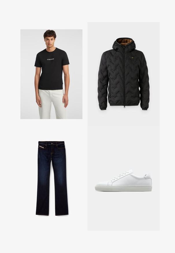 Mustard puffer-jakk, millel on kapuuts, four-jahutustükkidega chevron muster, tõmblukk ja elastsed mansetid. Pruna sisepind ja logo detail.; Mustmust värvi puuvillane T-särk lühikeste varrukatega, mille keskel on valge "GUESS JEANS" logo. Mudel kombineerib selle valgete pükstega.; Tumed sinine denimist teksapüksid sirge lõikega, millel on oranž õmblus, lukuga ees ja eesmine tasku. Sile tekstuur ja tavaline vöökoht.; Valge tennisetoss, millel on sile nahk pealis ja madal profiil. Omab ümarat ninaosa, kuut silmust ja tekstuuriga kummist talda.