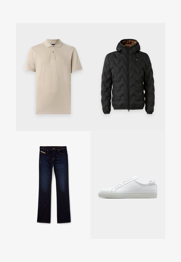 Černá péřová bunda s kapucí, s prošívaným chevronovým vzorem, zapínáním na zip a elastickými manžetami. Hnědá podšívka a detail loga.; Beige polo triko vyrobené z bavlny, s klasickým límcem, dvěma knoflíky na zapínání a decentním vyšívaným logem na hrudi. Krátké rukávy.; Tmavě modré džíny z denimu se střihem rovného nohavice, s oranžovým prošíváním, zipem na přední straně a předními kapsami. Hladká textury a standardní pas.; Bílé tenisky s hladkým koženým svrškem a nízkým profilem. Mají zaoblenou špičku, šest nýtů a texturovanou gumovou podrážku.