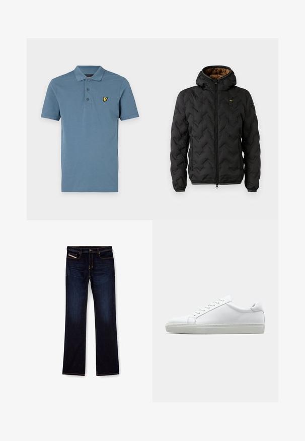 Jachetă puf din neopren neagră cu glugă, având un model cu tipare în zig-zag, fermoar frontal și manșete elastice. Captuseala interioară este maro, cu detalii ale logo-ului.; Polo de culoare albastră deschisă, realizat din bumbac, cu un guler cu trei butoni și un mic logo galben brodat pe piept. Mâneci scurte.; Jeans din denim de culoare albastru închis, cu croială dreaptă, prezentând cusături portocalii, fermoar și buzunare frontale. Textură netedă și talie standard.; Adidași albi cu o suprafață din piele netedă și un profil jos. Au un vârf rotunjit, șase orificii pentru șireturi și o talpă din cauciuc texturată.