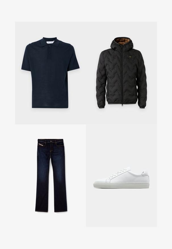 Crna puffer jakna s kapuljačom, s odmaračkim quilted chevron uzorkom, zatvaranjem na rajsferšlus i elastičnim manžetama. Smeđa unutrašnjost i detalj s logotipom.; Polo majica tamnoplave boje od mekog materijala, kratkih rukava, klasične ovratnike, s tri gumba i opuštenim krojem.; Tamno plave traperice ravnog kroja, s narančastim šavovima, patentnim zatvaračem i prednjim džepovima. Glatka tekstura i standardni pojas.; Bijela tenisica s glatkim kožnim gornjim dijelom i niskim profilom. Ima zaobljen vrh, šest rupica za vezanje i teksturiranu gumenu podlogu.