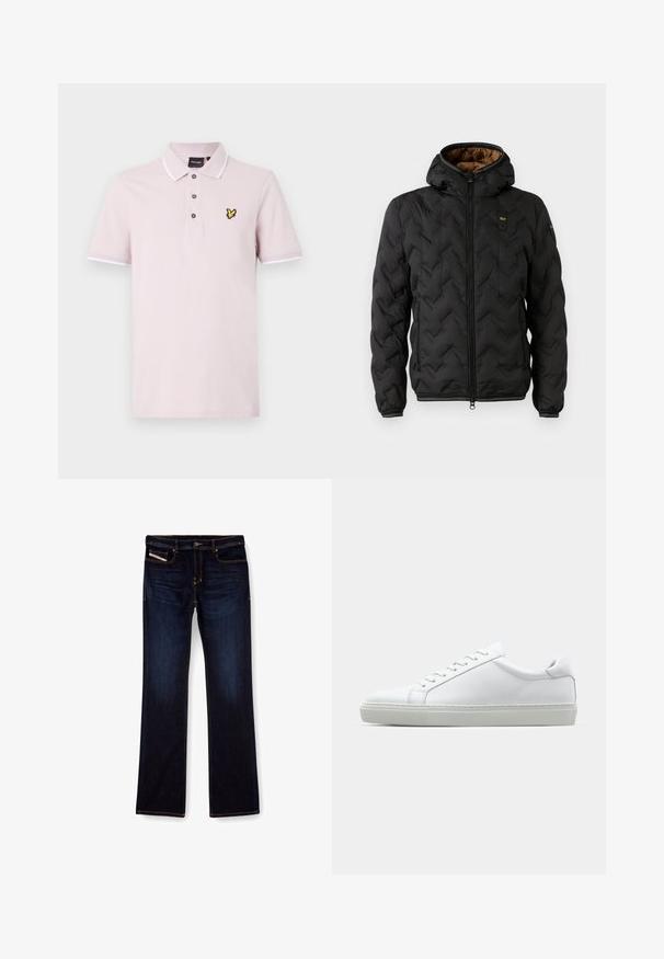 Czarna kurtka puchowa z kapturem, z pikowanym wzorem w zygzak, z zamkiem z przodu i elastycznymi mankietami. Brązowa podszewka i detal z logo.; Koszulka polo w jasnoróżowym kolorze wykonana z bawełny, z zapięciem na trzy guziki, białymi akcentami na kołnierzyku i rękawach oraz żółtym logiem motyla na piersi.; Granatowe dżinsy typu denim z prostą nogawką, ozdobione pomarańczowymi przeszyciami, z zamkiem błyskawicznym i przednimi kieszeniami. Gładka tekstura oraz standardowy pas.; Białe sneakersy z gładką skórzaną cholewką i niskim profilem. Posiadają okrągły nos, sześć dziurek na sznurówki oraz teksturowaną gumową podeszwę.