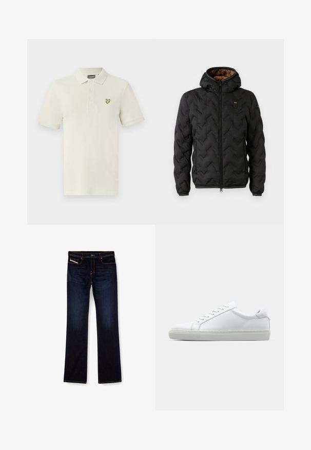 Čierna zateplená bunda s kapucňou, s prešívaným vzorom v tvare šípu, so zipsom vpredu a elastickými manžetami. Hnedá podšívka a detail loga.; Svetlo béžová polo košeľa z bavlny, s tričkovým zapínaním na gombíky a malým zeleným vtáčikom na ľavej hrudi. Krátke rukávy.; Tmavomodré denimové džínsy so strihom rovné nohavice, s oranžovým prešívaním, s pružným zipsovým uzáverom a prednými vreckami. Hladká textúra a štandardný pás.; Biele tenisky s hladkým koženým zvrškom a nízkym profilom. Majú zaoblenú špičku, šesť očiek a štruktúrovanú gumovú podrážku.
