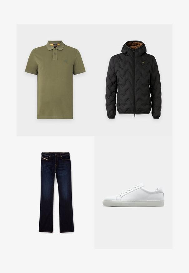 Casaco puffer preto com capuz, apresentando um padrão de losangos acolchoado, fecho de correr na frente e punhos elásticos. Forro interior castanho e detalhe do logótipo.; Polo verde-oliva feito de algodão, com um fecho de três botões, mangas curtas e um pequeno emblema no peito.; Jeans de denim azul escuro com corte reto, apresentando costuras laranjas, fecho zip e bolsos frontais. Textura suave e cintura padrão.; Sapatilha branca com um cabedal em couro liso e de perfil baixo. Apresenta um bico redondo, seis ilhoses e uma sola de borracha texturizada.