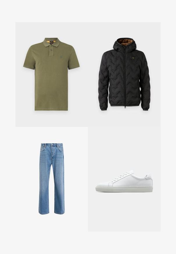 Svart puffjacka med huva, med ett kviltat chevronmönster, dragkedja fram och elastiska ärmslut. Brun inredning och logodetalj.; Olivgrön polo t-shirt i bomull, med en treknapps-krage, korta ärmar och en liten logotypepåsmål på bröstet.; Ljust blå denimjeans med rak passform, fem fickor, knappstängning, minimal blekning och kontrasterande sömdetaljer.; Vit sneaker med en slät läderövre och låg profil. Har en rundad tå, sex snörhål och en strukturerad gummisula.