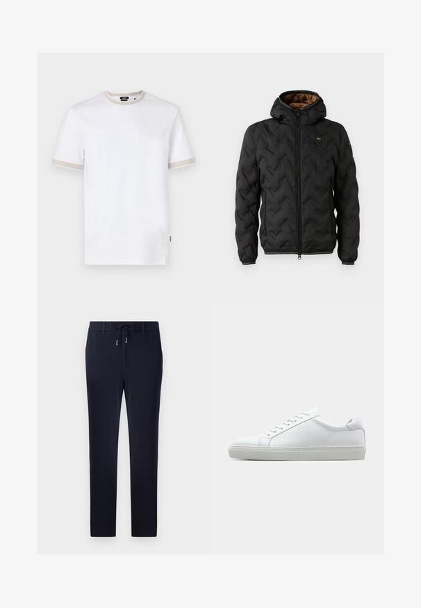 Juodas pūkinis švarkas su kapišonu, pasižymintis iškuldyta chevron raštu, užtrauktuku priekyje ir elastingomis rankovėmis. Ruda vidinė pamušalo spalva ir logotipo detalė.; Balta medvilninė marškinė su trumpomis rankovėmis, turi smėlio spalvos akcentinius dryžius ant apykaklės ir rankovėlių kraštų, bei mažą prekės ženklo logotipą ant krūtinės.; Tamsiai mėlynos kelnės su raišteliu juosmens dalyje, liekna forma ir lygi tekstūra. Nėra matomų raštų ar akcentų.; Baltas sportinis batelis su lygiu odiniu paviršiumi ir žemu profiliu. Turi suapvalintą pirštą, šešis akių skyrius ir tekstūruotą gumos padą.