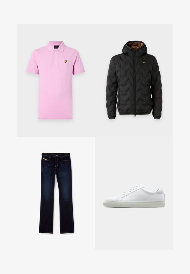 Černá péřová bunda s kapucí, s prošívaným chevronovým vzorem, zapínáním na zip a elastickými manžetami. Hnědá podšívka a detail loga.; Poloko s krátkým rukávem v světle růžové barvě ze 100% bavlny s tříknoflíkovou légou a vyšívaným žlutým logem na levém prsu. Hladká textura.; Tmavě modré džíny z denimu se střihem rovného nohavice, s oranžovým prošíváním, zipem na přední straně a předními kapsami. Hladká textury a standardní pas.; Bílé tenisky s hladkým koženým svrškem a nízkým profilem. Mají zaoblenou špičku, šest nýtů a texturovanou gumovou podrážku.