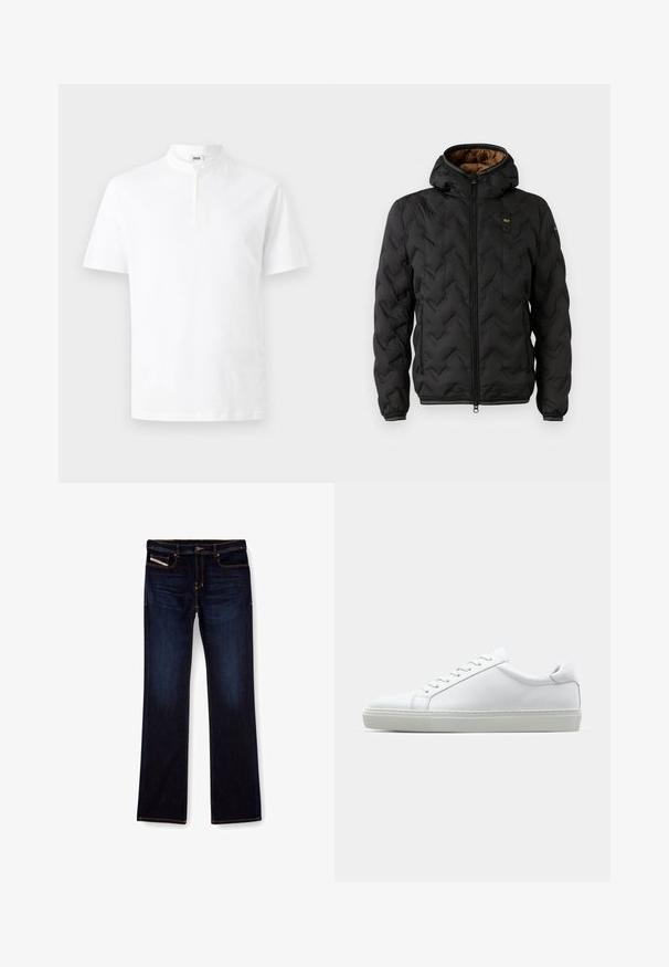Čierna zateplená bunda s kapucňou, s prešívaným vzorom v tvare šípu, so zipsom vpredu a elastickými manžetami. Hnedá podšívka a detail loga.; Biela košeľa s krátkym rukávom vyrobená z bavlny, s vystuženým golierom na gombík a rovnom lemom. Jednoduchý dizajn, hladká textura.; Tmavomodré denimové džínsy so strihom rovné nohavice, s oranžovým prešívaním, s pružným zipsovým uzáverom a prednými vreckami. Hladká textúra a štandardný pás.; Biele tenisky s hladkým koženým zvrškom a nízkym profilom. Majú zaoblenú špičku, šesť očiek a štruktúrovanú gumovú podrážku.