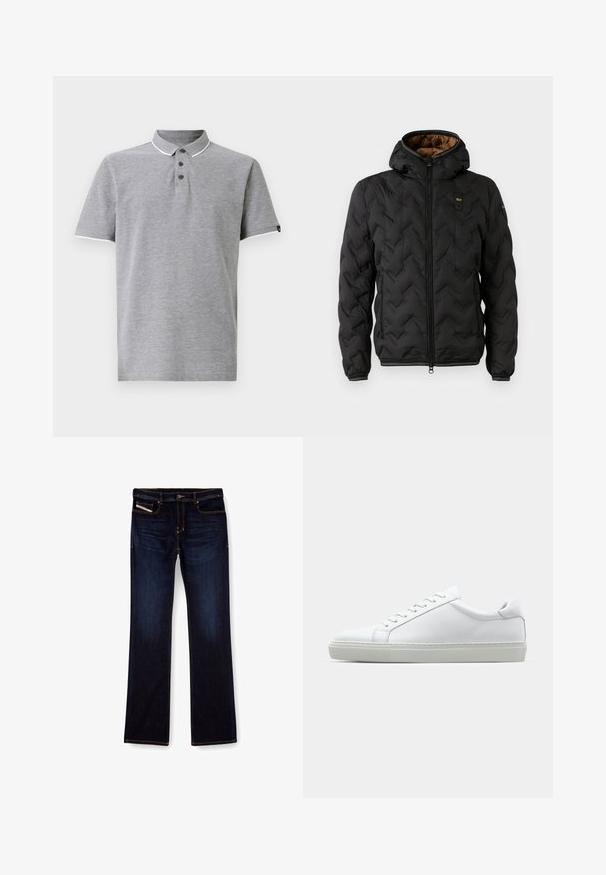 Čierna zateplená bunda s kapucňou, s prešívaným vzorom v tvare šípu, so zipsom vpredu a elastickými manžetami. Hnedá podšívka a detail loga.; Sivá polo košeľa s golierom, s trojcpučkovou légou, bielymi akcentmi na golieri a rukávoch a jemnou textúrou.; Tmavomodré denimové džínsy so strihom rovné nohavice, s oranžovým prešívaním, s pružným zipsovým uzáverom a prednými vreckami. Hladká textúra a štandardný pás.; Biele tenisky s hladkým koženým zvrškom a nízkym profilom. Majú zaoblenú špičku, šesť očiek a štruktúrovanú gumovú podrážku.