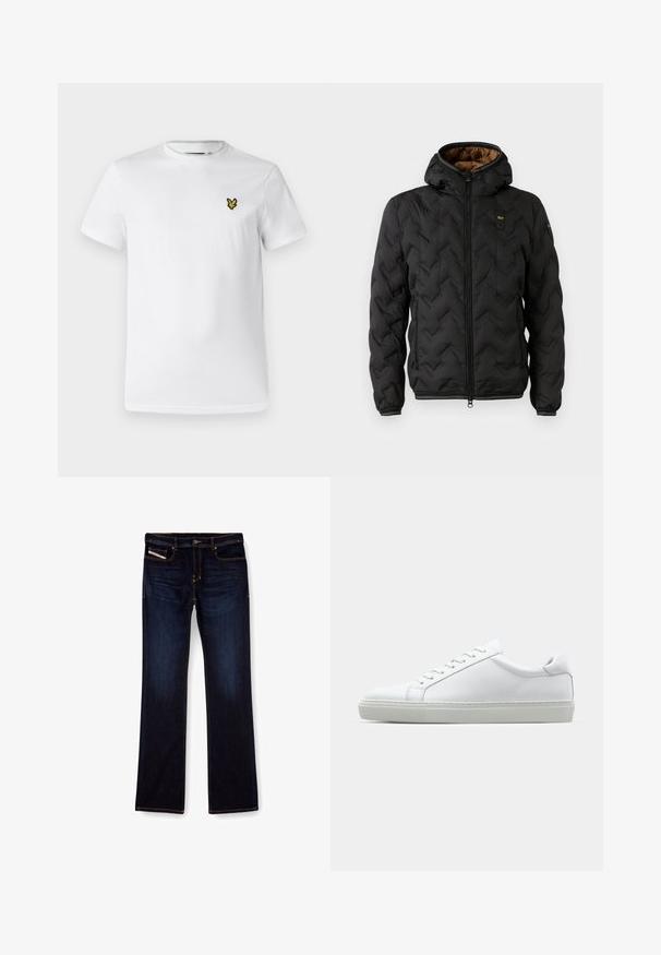 Černá péřová bunda s kapucí, s prošívaným chevronovým vzorem, zapínáním na zip a elastickými manžetami. Hnědá podšívka a detail loga.; Bílý bavlněný tričko s krátkým rukávem, kulatým výstřihem a malým žlutým vyšitým logem na levé části hrudi. Hladká textura.; Tmavě modré džíny z denimu se střihem rovného nohavice, s oranžovým prošíváním, zipem na přední straně a předními kapsami. Hladká textury a standardní pas.; Bílé tenisky s hladkým koženým svrškem a nízkým profilem. Mají zaoblenou špičku, šest nýtů a texturovanou gumovou podrážku.