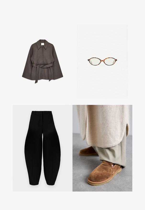 Veste d'extérieur marron à ceinture avec un col structuré, manches longues et une texture lisse. Présente une coupe droite et un design minimaliste.; Sweatshirt léger gris clair à col rond, fabriqué en tissu doux et texturé. Équipé de manches raglan et d'un ourlet court. Design minimaliste sans motifs.; Pantalons larges noirs à taille haute, avec un devant plissé et des chevilles fuselées. Fabriqués dans un tissu lisse avec une finition mate.; Chaussures slip-on en suède marron avec un bout arrondi, semelle en caoutchouc et détails en découpes sur les côtés, assorties à un pantalon taillé beige clair.; Lunettes en écaille de tortue avec des verres ovales et une finition lisse et élégante. Présente des branches fines avec une courbure subtile au niveau des tempes. Verres transparents.