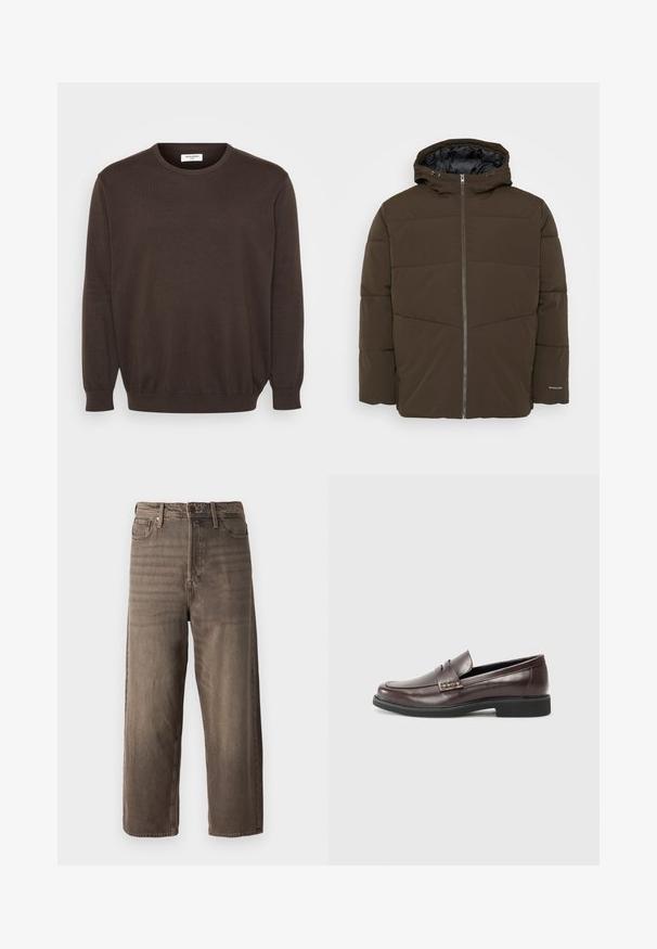 Ruskea puhallettu takki hupulla, etuvetoketjulla ja tikatulla suunnittelulla, jossa on vaakasuuntaisia ja viistosuuntaisia saumoja. Minimalistinen brändäys alhaalla hihassa.; Ruso neulepusero pyöreällä kaula-aukolla, pitkät hihat ja ribbaus hihansuissa ja helmassa. Suora kangas, klassinen muotoilu ilman koristeita.; Ruske leve hlače iz denima. Imajo zadrgo, obrobo za pas in pet žepov. Tkanina ima zbledel, teksturiran videz.; Ruske nahkasaappaat sileällä pinnalla, joissa on hienovarainen tikkaus yksityiskohtana yläpinnassa ja musta kumipohja.