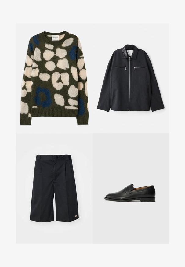 Sötét szürke dzseki bőr gallérral, elülső cipzárral és két cipzáras mellzsebbel. Texturált anyagból készült, laza szabással.; Olíva zöld kötött pulóver fehér és kék absztrakt foltokkal. Kerek nyakkivágású, bordázott mandzsettákkal és szegéllyel rendelkezik. Puha, texturált anyag.; Fekete, szabott rövidnadrág, lapos elülső redőkkel, hagyományos derékpánttal és oldalsó zsebekkel. Ellenálló anyagból készült.; Fekete bőr mokaszin, kerek orral, diszkrét varrásokkal és alacsony sarokkal, sima felülettel és minimalista dizájnnal.
