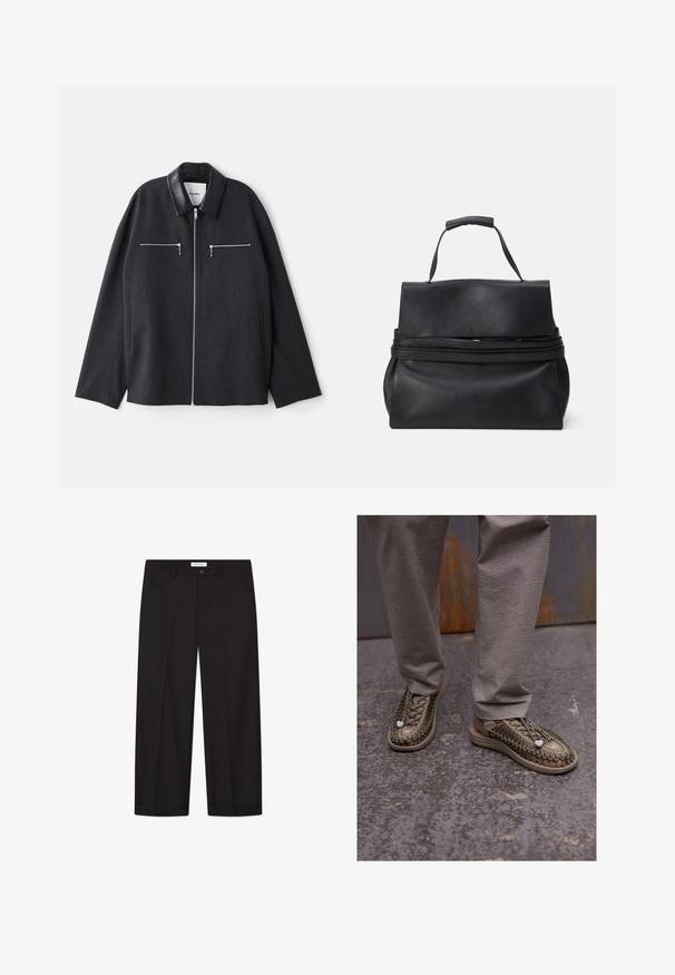 Mørkegrå jakke med læderkrave, frontlynlås og to lynlåslommer på brystet. Lavet af et struktureret stof med en løs pasform.; Langærmet skjorte i blå og hvid ternet mønster. Har en klassisk krave, knaplukning foran og blå knapper. Materialet er en bomuldsblandning.; Sorte bredde-ben bukser lavet af glat stof. Har en knap- og lynlåslukning, to forreste lommer og en skarp kant.; Beige vævede sandaler med tykke såler, der har et indviklet snitmønster og hvide accentdetaljer, parret med grå ternede bukser.; Sort læderhåndtaske med et struktureret design, udstyret med et håndtag på toppen, lynlåslukning og en glat tekstur. Enkel logoaccent på forsiden.