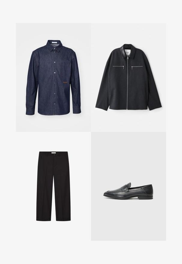 Tummanharmaa takki, jossa on nahkakaulus, etuvetoketju ja kaksi vetoketjullista rintataskua. Valmistettu teksturoidusta kankaasta ja siinä on rento istuvuus.; Tumman denim-paita, jossa on napitettava etuosa, terävä kaulus, yksi rintatasku ja kontrastiväriset ompeluyksityiskohdat.; Mustat leveälahkeiset housut, jotka on valmistettu sileästä kankaasta. Ominaisuuksiin kuuluu nappi- ja vetoketjusuljenta, kaksi etutaskua ja siisti helman viimeistely.; Musta nahkainen loafer-kenkä, jossa on sileä pinta, matala korko ja liukuva malli, jossa on kohotettu sauma edessä.