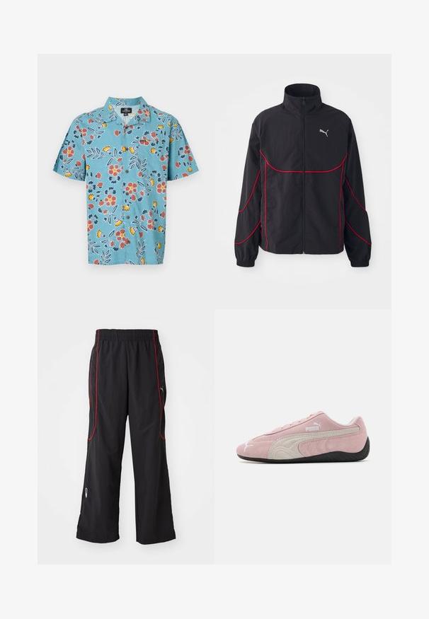 Jachetă neagră cu accente roșii, guler înalt, fermoar complet, mâneci lungi și manșete elastice. Prezintă un logo mic pe piept.; Cămașă scurtă de culoare albastru deschis, cu un model floral în nuanțe de roșu, galben și albastru închis, având guler clasic și închidere cu nasturi.; Trei cămăși simple din bumbac alb cu mâneci scurte. Fiecare cămașă are o croială rotundă la gât și un mic eticheta logo neagră pe partea stângă.; Pantaloni atletici negri cu talie elastică, cu benzi roșii pe laterale, buzunare cu fermoar și o croială largă. Fabricat dintr-un material ușor și texturat.; Sneaker roz din suede cu accente gri, design aerodinamic, superior texturat și talpă din cauciuc negru. Prezintă logo-ul Puma pe lateral.