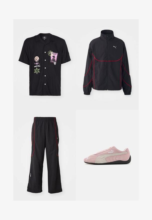 Černá bunda s červenými akcenty, vysokým límcem, plným zipem, dlouhými rukávy a elastickými manžetami. Na hrudi je malá nášivka s logem.; Krátký rukáv černé tričko s různobarevnými grafickými potisky, včetně růžového razítka a zelených akcentů, se zapínáním na knoflíky.; Tři jednoduché bílé bavlněné trička s krátkým rukávem. Každé tričko má kulatý výstřih a malou černou štítkovou nášivku na levé straně.; Černé sportovní kalhoty s elastickým pasem, červeným bočním lemem, kapsami na zip a volným střihem. Vyrobené z lehkého, strukturovaného materiálu.; Růžové semišové tenisky s šedými akcenty, zjednodušený design, texturovaný svršek a černá gumová podrážka. Na boku je logo Puma.