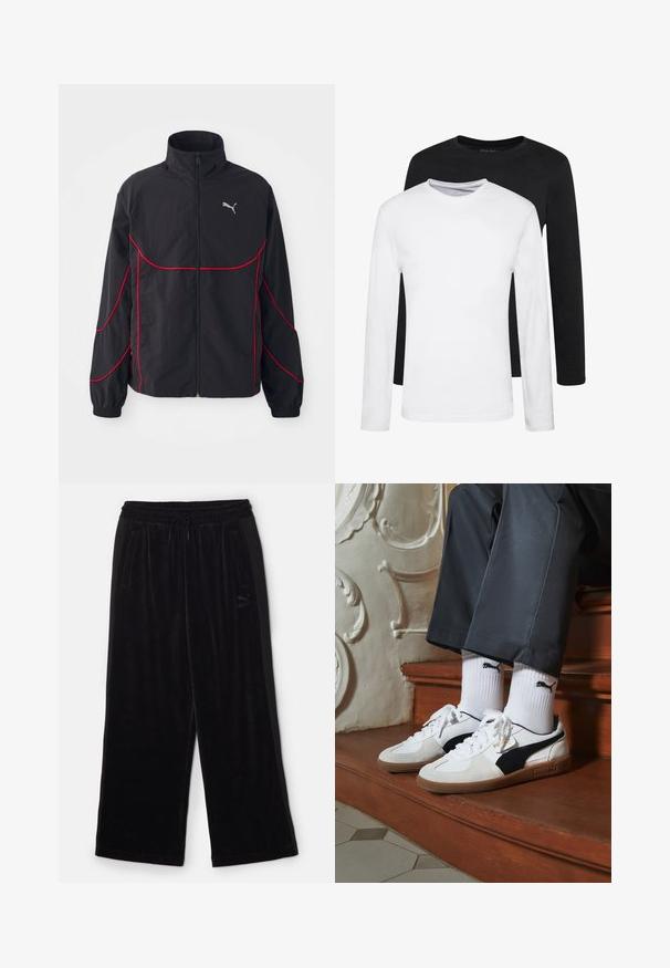 Čierna bunda s červenými akcentmi, vysoký golier, plný zips, dlhé rukávy a elastické manžety. Obsahuje malé logo na hrudi.; Dvoje tričiek s dlhým rukávom, jedny čierne a jedny biele, z bavlny s okrúhlym výstrihom a hladkou textúrou, zobrazené v uloženom usporiadaní.; Čierne velúrové nohavice s voľným, širokým strihom. Obsahujú elastický pás sťahovanie a bočné vrecká. Jemné branding na nohe.; Tenisky Puma v bielej a čiernej z semišu, s hnedou gumovou podrážkou. Kombinované s bielymi ponožkami s čiernym logom, nosené s tmavými nohavicami.
