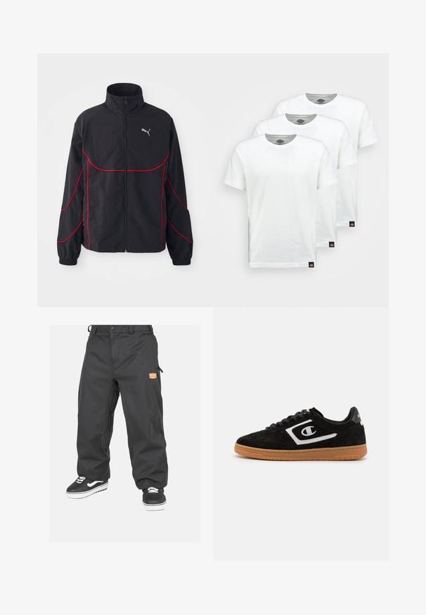 Zwarte jas met rode accenten, hoge kraag, volle rits, lange mouwen en elastische manchetten. Bevat een klein logo op de borst.; Drie eenvoudige witte katoenen T-shirts met korte mouwen. Elk shirt heeft een ronde halslijn en een klein zwart logo-label aan de linkerkant.; Volcom ARTHUR - Skibroek - black; Zwarte suède sneaker met een wit logo, vetersluiting en een zool van rubber met een gum-afwerking. Heeft een soepele textuur en een ronde vorm.