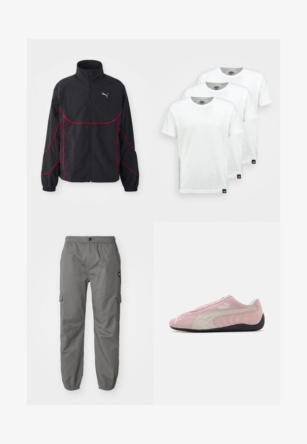 Svart jakke med røde detaljer, høy krage, full glidelås, lange ermer og elastiske mansjetter. Har et lite logo på brystet.; Tre hvite bomullst-skjorter med korte ermer. Hver skjorte har en rund hals og et lite svart logomerke på venstre side.; Grå cargo bukser med elastisk talje, knaplukning og sidelommer. Stoffet ser lett ut med en jevn tekstur.; Rosa semskesneaker med grå detaljer, strømlinjeformet design, teksturert overdel og svart gummisåle. Har Puma-logo på siden.