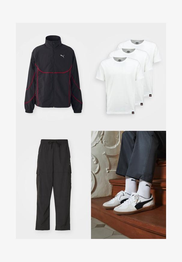 Schwarze Jacke mit roten Akzenten, hohem Kragen, durchgehendem Reißverschluss, langen Ärmeln und elastischen Bündchen. Verfügt über ein kleines Logo auf der Brust.; Drei schlichte weiße Baumwoll-T-Shirts mit kurzen Ärmeln. Jedes Shirt hat einen runden Ausschnitt und ein kleines schwarzes Logotipo auf der linken Seite.; Schwarze Cargo-Hosen mit elastischem Bund und Kordelzug. Sie verfügen über zwei Seitentaschen und ein glattes, leichtes Gewebe.; Puma-Sneaker aus weißem und schwarzem Wildleder mit einer braunen Gummisohle. Kombiniert mit weißen Socken, die ein schwarzes Logo zeigen, getragen zu dunklen Hosen.
