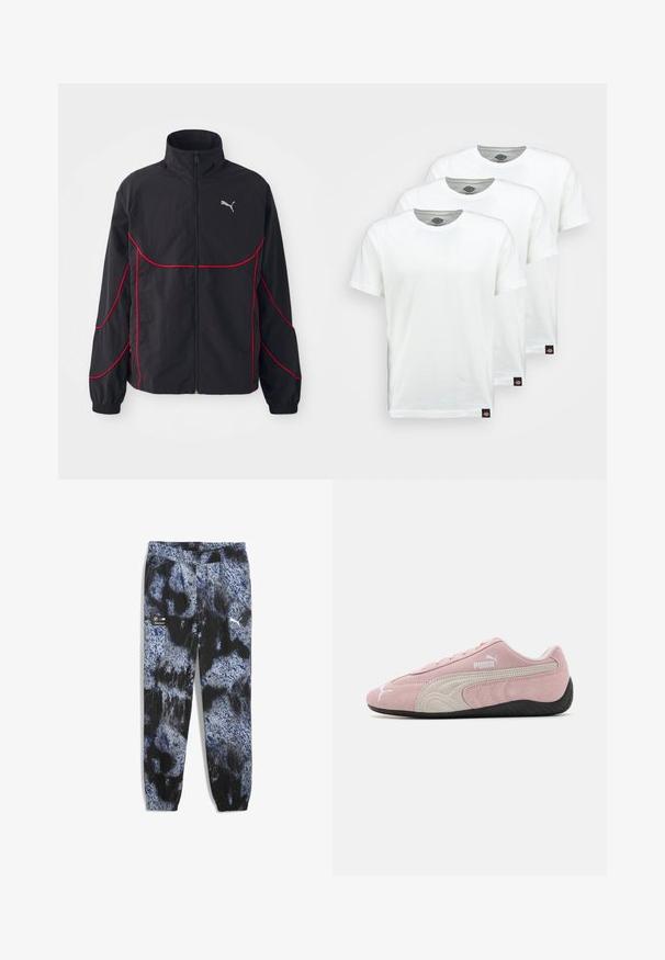 Zwarte jas met rode accenten, hoge kraag, volle rits, lange mouwen en elastische manchetten. Bevat een klein logo op de borst.; Drie eenvoudige witte katoenen T-shirts met korte mouwen. Elk shirt heeft een ronde halslijn en een klein zwart logo-label aan de linkerkant.; Broek gemaakt van zachte stof met een blauw, zwart en grijs abstract patroon, elastische tailleband en manchetbijsnijdingen. Inclusief Puma- en BMW-logo's.; Roze suedine sneaker met grijze accenten, gestroomlijnd ontwerp, textuur upper en zwarte rubberen zool. Kenmerkt het Puma-logo aan de zijkant.