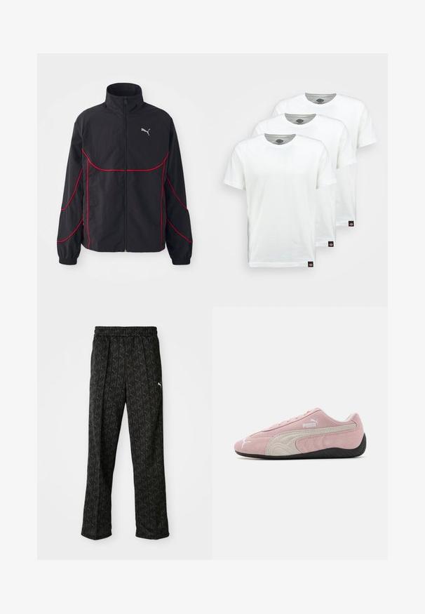 Melnā jaka ar sarkaniem akcentiem, augsts apkakle, pilna rāvējslēdzējs, garas piedurknes un elastīgas aproces. Iekļauj mazu logo uz krūtīm.; Trīs vienkārši balti kokvilnas T-krekli ar īsām piedurknēm. Katram kreklam ir apaļa apkakle un mazs melns logo uzlīme kreisajā pusē.; Melni sporta bikses ar elastīgu jostasvietu. Iezīmējas ar atkārtotu tumši pelēko logotipa rakstu un baltu logotipa akcentu pie gurniem.; Rozā zamšādas sporta apavi ar pelēkiem akcentiem, plūstošs dizains, teksturēta virsma un melna gumijas zole. Sānos redzama Puma emblēma.