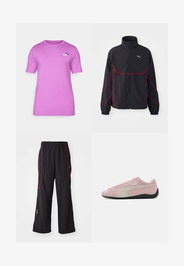 Fekete dzseki piros részletekkel, magas gallérral, teljes cipzárral, hosszú ujjal és rugalmas mandzsettával. A mellkason egy kis logó található.; Rövid ujjú, kerek nyakú póló világos rózsaszín anyagból, bal mellen kis fekete Puma logóval. Simaság jellemzi, laza dizájn.; Fekete sportnadrág elasztikus derékkal, piros oldalsó dekorációval, cipzáras zsebekkel és laza szabással. Könnyű, texturált anyagból készült.; Rózsaszín velúr sneaker szürke részletekkel, áramvonalas dizájnnal, texturált felső résszel és fekete gumitalppal. Oldalán a Puma logó látható.