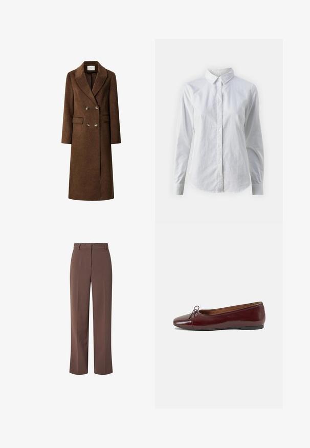 Brun ylleblandad dubbelknäppt kappa med notad krage, två framfickor och metallknappar. Rakt snitt, knä-lång.; Vit skjorta med knappar, tillverkad av mjuk bomull, med klassisk krage, långa ärmar och en böjd fåll. Knapparna är små och vita.; Bruna skräddarsydda byxor med hög midja, bälteshällor och dragkedja fram, med rak passform.; Burgunderfärgad lackläderballettskor med rund tå, liten rosettdekoration fram och en låg, svart gummisula. Slät textur.