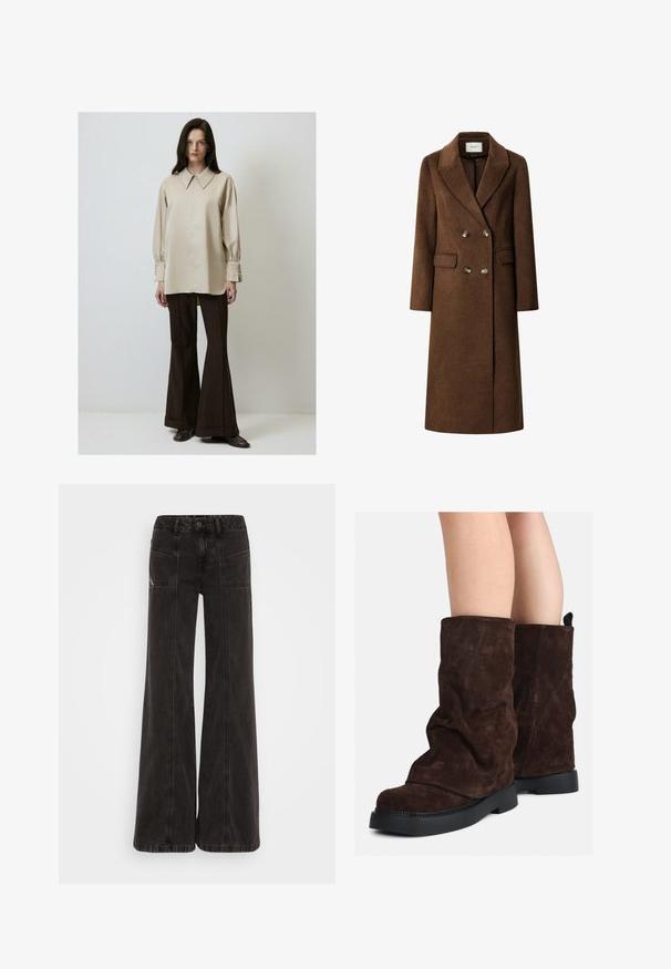 Palton dublu-breasted din lână maro, cu rever tăiat, două buzunare frontale și nasturi metalici. Siluetă dreaptă, până la genunchi.; Cămașă cu mânecă lungă, de un bej deschis, cu guler clasic și manșete butonate, asociată cu pantaloni maro evazați și pantofi închiși la culoare.; Jeans negri cu picior larg, din denim, având talie înaltă, buzunare frontale și cusături tonale de-a lungul cusăturilor.; Cizme din suede maro, până la jumătatea gambei, cu talpă din cauciuc negru, purtate pe picioare goale, arătând ușoare cute pe partea superioară a cizmelor.