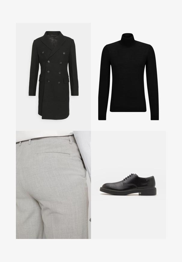 Isaac Dewhirst LONG PEA COAT - Casaco clássico - black; Pulôver de gola alta preto, feito de material suave, com mangas longas e ajuste justo. Acabamento canelado na barra e punhos. Design simples.; Calças cinza claro de corte ajustado feitas de tecido texturizado, com um único bolso traseiro e costuras limpas.; Sapatilha preta em couro, com atilhos, ponta arredondada, textura suave, costura mínima e um salto baixo em borracha. Logotipo no calcanhar.