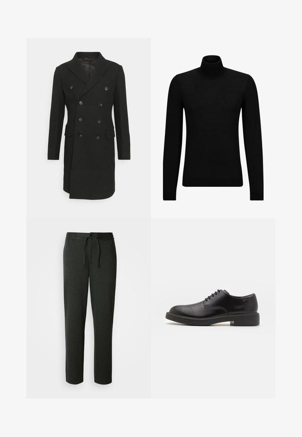 Isaac Dewhirst LONG PEA COAT - Klassisk kåpe / frakk - black; Svart genser med høy hals laget av mykt materiale, med lange ermer og en tettsittende passform. Ribbestrikket kant nederst og ved ermene. Enkelt design.; Mørkegrå joggebukser laget av myk bomullsblanding. Har elastisk midje med snor og sidelommer. Rett ben-design.; Svart lær snøre sko med rund tå, glatt tekstur, minimal søm, og lav gummihæl. Logo på hælen.