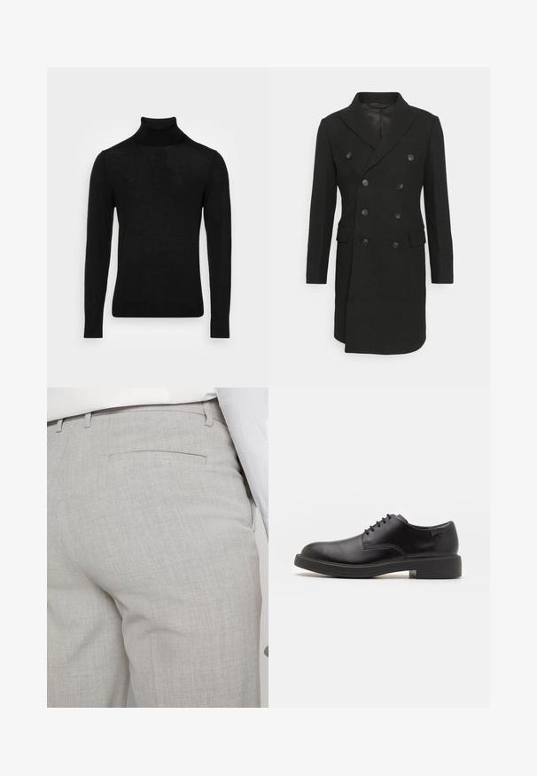 Isaac Dewhirst LONG PEA COAT - Cappotto classico - black; Maglione a dolcevita nero realizzato in morbido tessuto a maglia. Presenta maniche lunghe e un design aderente, con un branding minimalista sul petto.; Pantaloni sartoriali grigio chiaro realizzati in tessuto strutturato, con una tasca posteriore singola e cuciture pulite.; Scarpa nera in pelle con lacci, punta tonda, texture liscia, cuciture minime e tacco in gomma basso. Logo sul tacco.