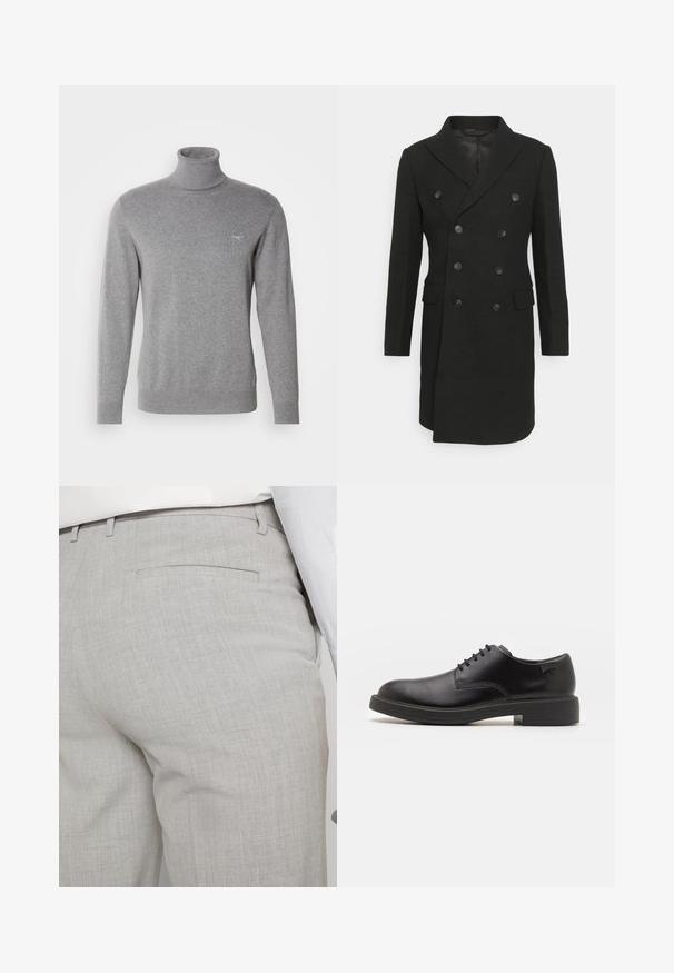 Isaac Dewhirst LONG PEA COAT - Cappotto classico - black; GANT CLASSIC ROLLERNECK - Maglione - dark grey melange; Pantaloni sartoriali grigio chiaro realizzati in tessuto strutturato, con una tasca posteriore singola e cuciture pulite.; Scarpa nera in pelle con lacci, punta tonda, texture liscia, cuciture minime e tacco in gomma basso. Logo sul tacco.