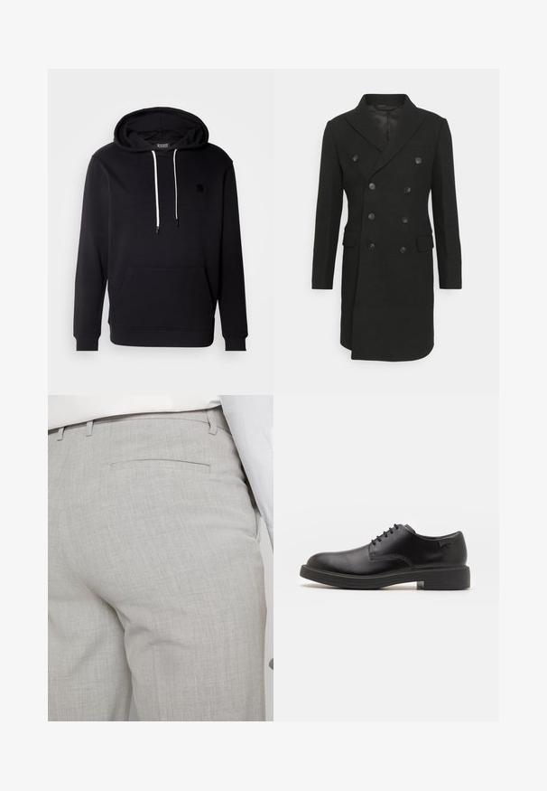 Isaac Dewhirst LONG PEA COAT - Klasikinis paltas - black; Juodas gobtuvas iš minkštos medžiagos su priekinėmis kengūros kišenėmis, raišteliu reguliuojamu gobtuvu ir maža juoda logotipo etikete ant krūtinės.; Šviesiai pilkos spalvos pritaikytos kelnės iš faktūrinės medžiagos, turinčios vieną užpakalinę kišenę ir tvarkingus siūlus.; Juodas odinis batų modelis su raišteliais, apvaliu nosiu, lygiu paviršiumi, minimaliai siuvinėjimu ir žemu guminėmis pakulne. Ant pakulnės šalia logo.