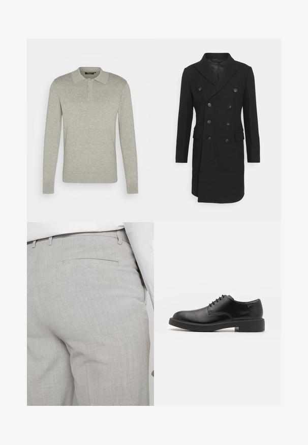 Isaac Dewhirst LONG PEA COAT - Classic coat - black; Long-sleeve light gray polo shirt made of soft fabric, featuring a three-button placket and ribbed cuffs, with a classic collar design.; Light gray tailored trousers made of textured fabric, featuring a single back pocket and clean stitching.; Black leather lace-up shoe with a rounded toe, smooth texture, minimal stitching, and a low rubber heel. Logo on the heel.