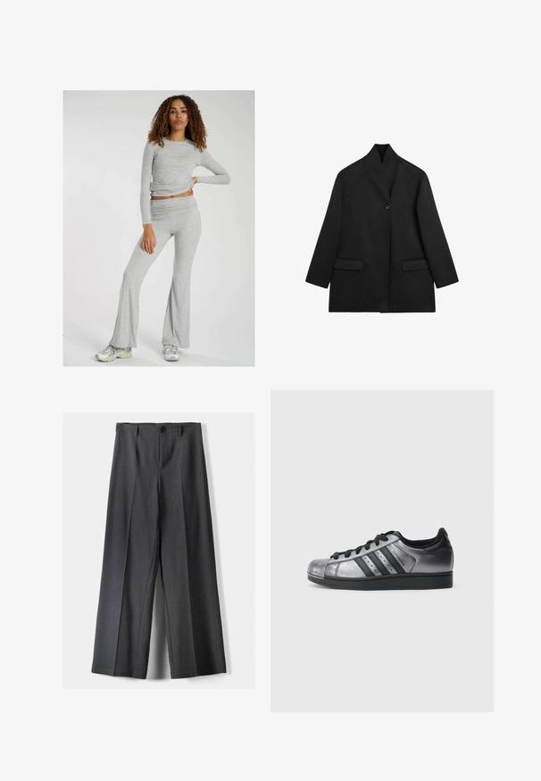Schwarzer Wollmantel mit hohem Kragen, Ein-Knopf-Verschluss und zwei Vordertaschen. Hat eine gerade Silhouette und ein tailliertes Design.; Graues Langarmoberteil mit einem Twist-Detail, kombiniert mit passenden grauen Schlaghosen. Weicher, strukturierter Stoff; lässiger sportlicher Stil.; Weite Beinhosen aus dunkelgrauem Stoff mit Knopfverschluss, vorderen Falten und Gürtelschlaufen. Glatte Textur mit maßgeschneidertem Design.; Schwarze und metallisch silberne Sneaker mit abgerundetem Zehenbereich, drei schwarzen Streifen und einer strukturierten Oberfläche. Schwarze Schnürsenkel und Gummisohle.