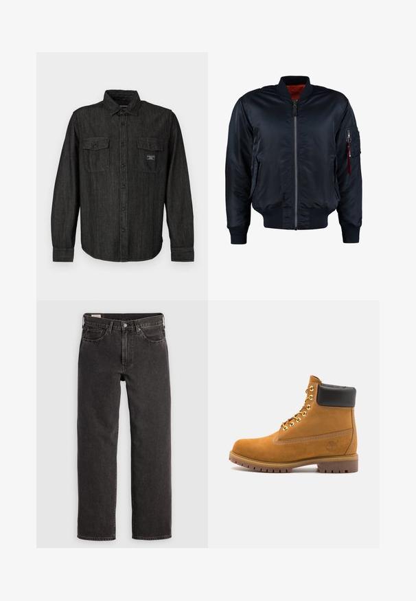 Giacca bomber blu navy con zip frontale, polsini e orlo a coste, tasche laterali e una tasca utility sulla manica con una zip rossa.; Camicia in denim nero con bottone frontale, colletto a punta e due tasche sul petto. Presenta un motivo a righe sottili e un'etichetta con il marchio sulla tasca.; Jeans in denim nero con un design a gamba dritta, cinque tasche e hardware in metallo. Il tessuto ha una leggera texture e una finitura di colore uniforme.; Stivale alla caviglia in suede tan con collare imbottito nero, occhielli in metallo dorato, dettagli in cucitura bianca e suola in gomma robusta con battistrada pronunciato.